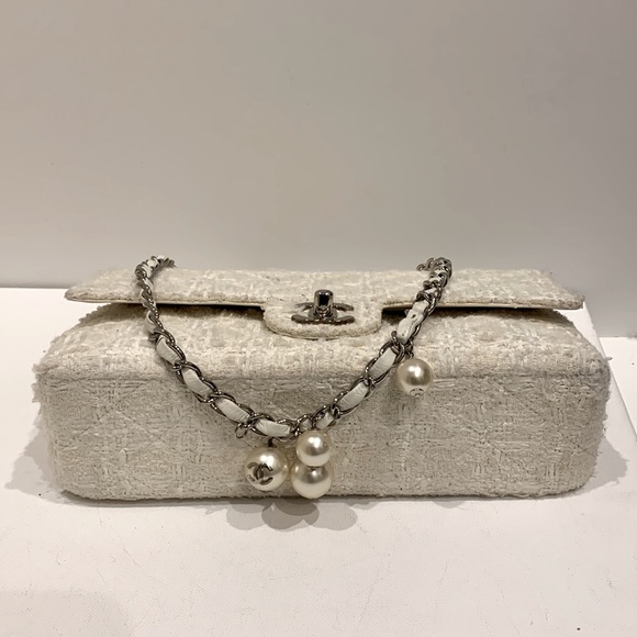 CHANEL 🤍RARE Ginza Double Flap 2.55 Ivory Tweed Boucle Rectangle Quilted Silver - Picture 5 of 16